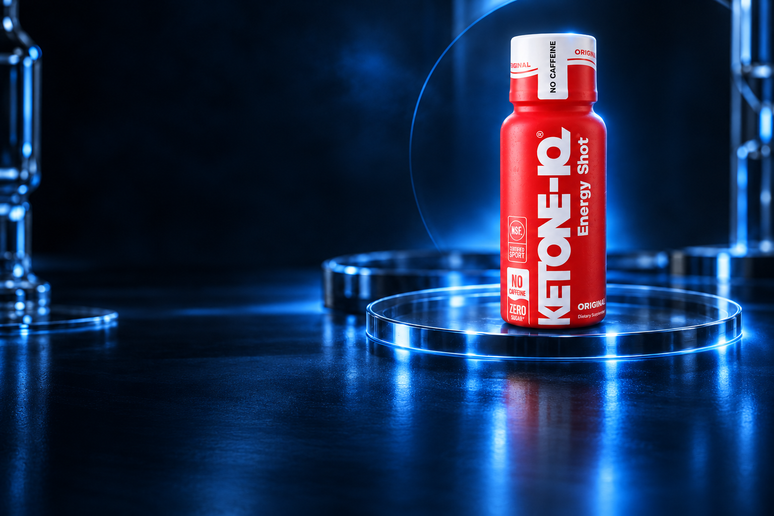 Ketone-IQ Original red bottle on a blue illuminated glass platform